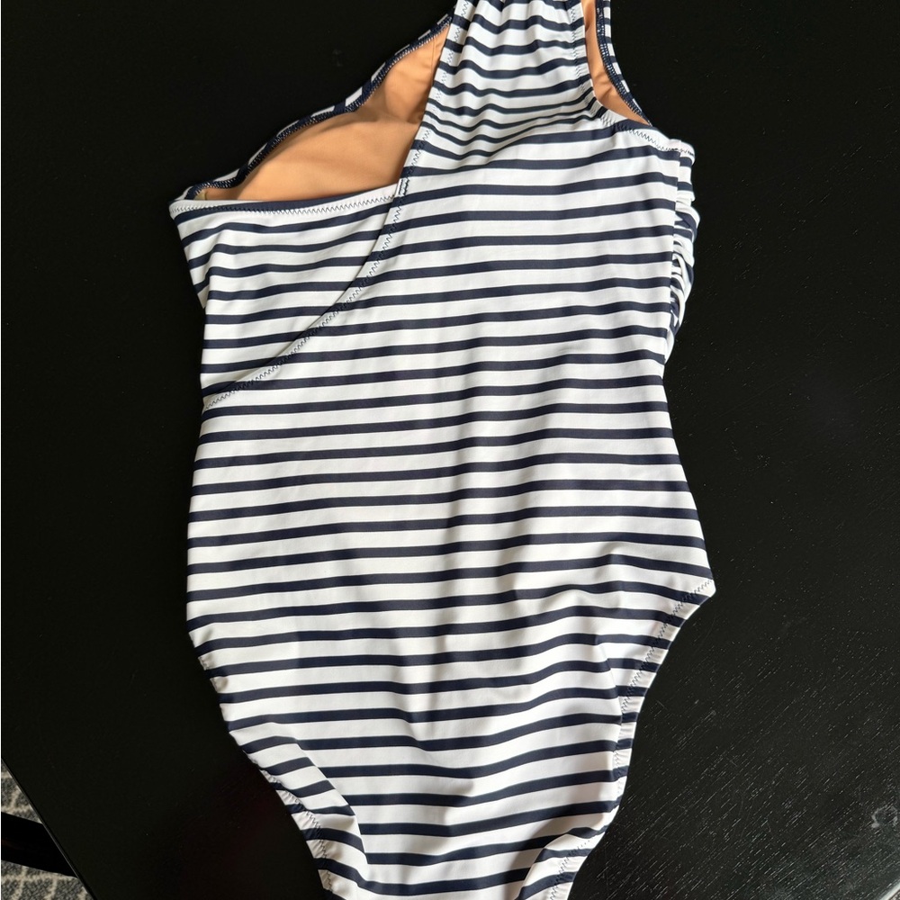J.Crew Navy and white striped one shoulder swimsuit. Size 2 - Picture 2 of 4